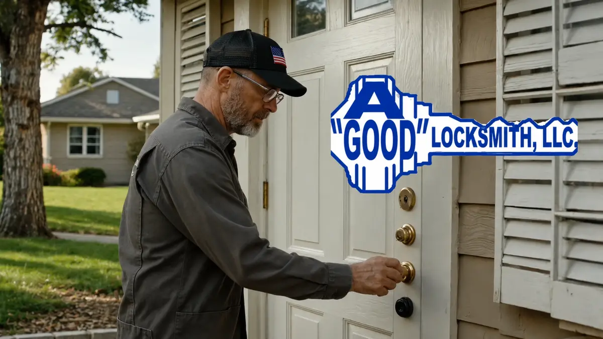 A Good Locksmith evaluating a separate residential entry knob and deadbolt before replacing hardware